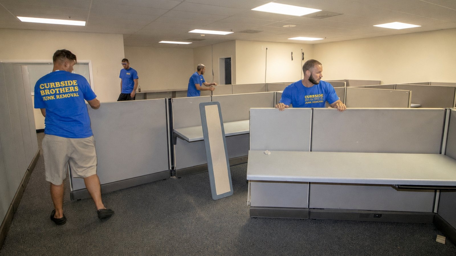 Curbside Brothers crew breaking down office cubicles in a St. Petersburg suite